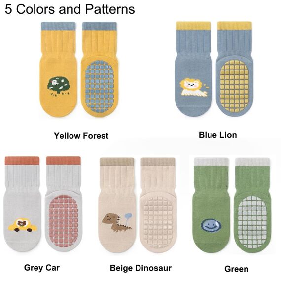 Exemaba Baby Antirutsch Socken 5 Paar Kleinkinder Tiermotive ABS Rutschfeste Sneaker Socken(Beige Dinosaurier,S/6-12M)