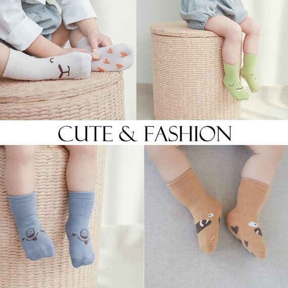Exemaba Rutschfeste Socken für Baby Mädchen Jungen 5 Paar Kinder Anti Rutsch Socken Sportsocken Stoppersocken(6-12 Monate, B 5 Farben)