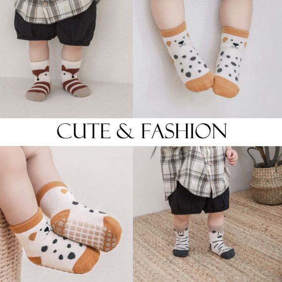 Exemaba Rutschfeste Socken für Baby Mädchen Jungen 5 Paar Kinder Anti Rutsch Socken Sportsocken Stoppersocken(M/1-3 Jahre, G 5 Farben)