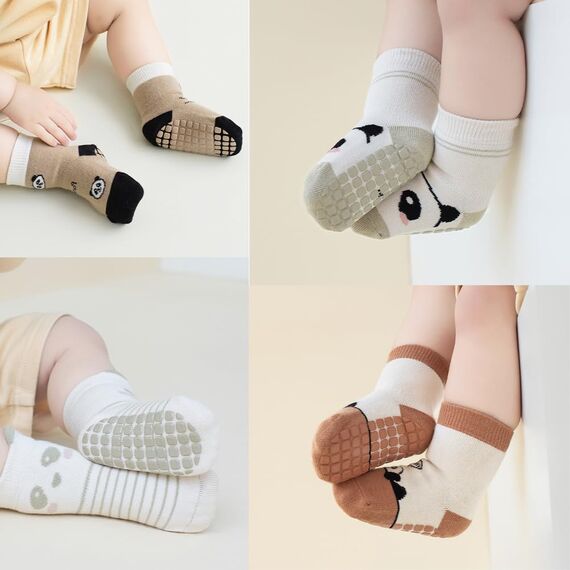 Exemaba Baby Antirutsch Socken 5 Paar Kleinkinder Tiermotive ABS Rutschfeste Sneaker Socken(Kaffee Panda,M/1-3Y)