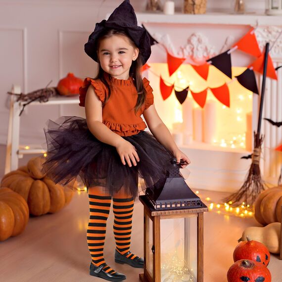 Durio Baby Strumpfhose für Mädchen Baumwolle Kinderstrumpfhose Kinder Strumpfhosen Set Warme Strümpfe Leggings Allerheiligen Orange und Schwarz Ringelstrumpfhose Kinder 6-9 Jahre
