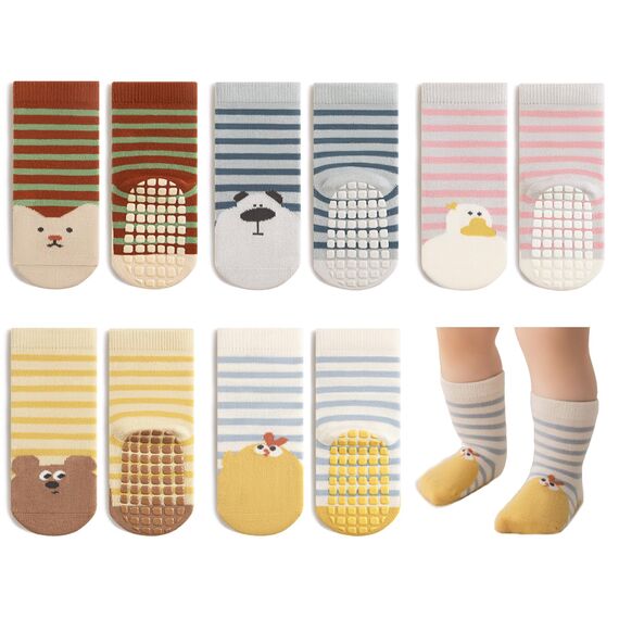 Exemaba Baby Antirutsch Socken 5 Paar Kleinkinder Tiermotive ABS Rutschfeste Sneaker Socken(Streifen,L/3-5Y)