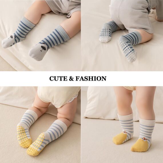 Exemaba Baby Antirutsch Socken 5 Paar Kleinkinder Tiermotive ABS Rutschfeste Sneaker Socken(Streifen,L/3-5Y)