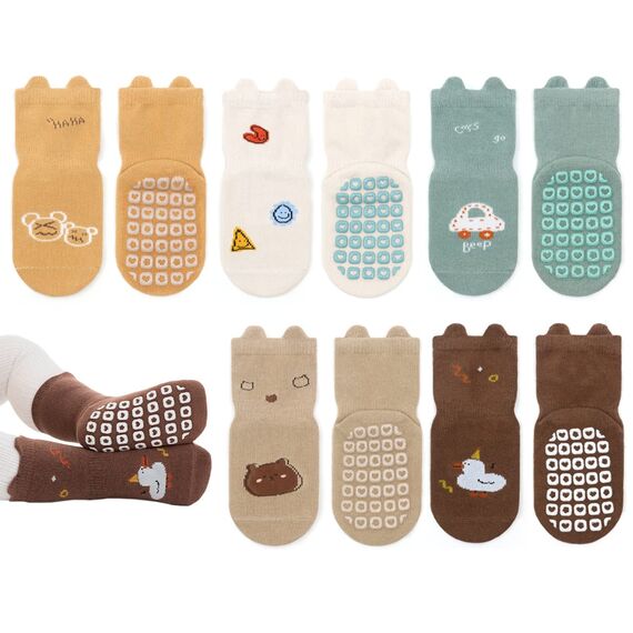 Exemaba Rutschfeste Socken für Baby Mädchen Jungen 5 Paar Kinder Anti Rutsch Socken Sportsocken Stoppersocken(S/6-12 Monate, F 5 Farben)