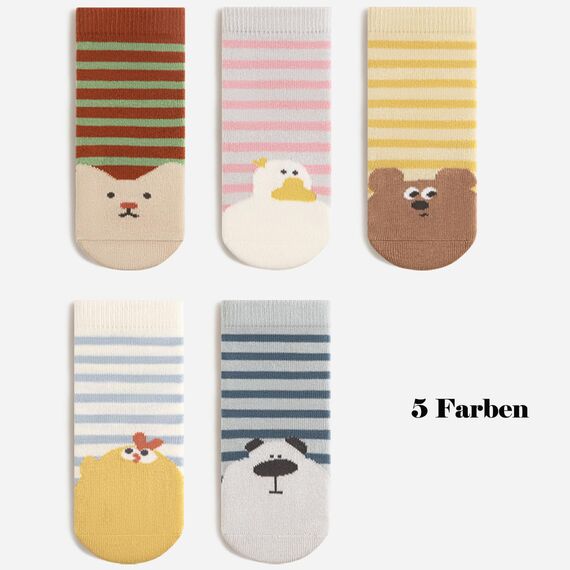Exemaba Baby Antirutsch Socken 5 Paar Kleinkinder Tiermotive ABS Rutschfeste Sneaker Socken(Streifen,L/3-5Y)
