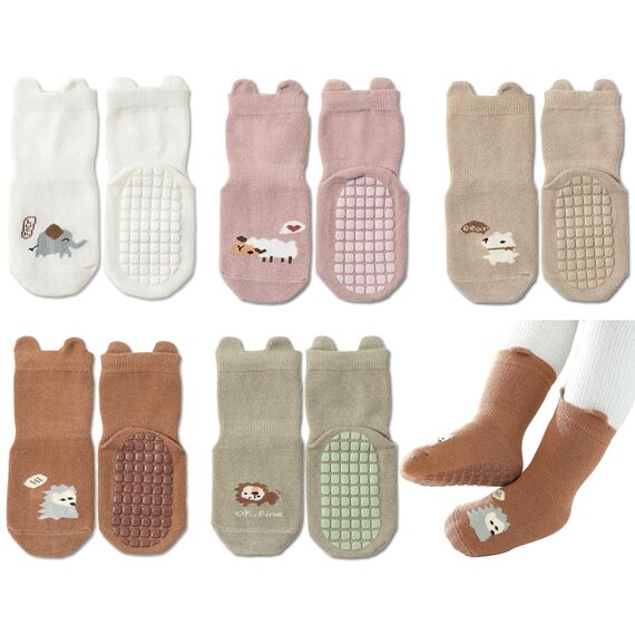 Exemaba Rutschfeste Socken für Baby Mädchen Jungen 5 Paar Kinder Anti Rutsch Socken Sportsocken Stoppersocken(M/1-3 Jahre, E 5 Farben)