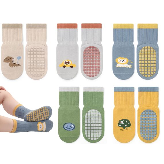 Exemaba Baby Antirutsch Socken 5 Paar Kleinkinder Tiermotive ABS Rutschfeste Sneaker Socken(Beige Dinosaurier,S/6-12M)
