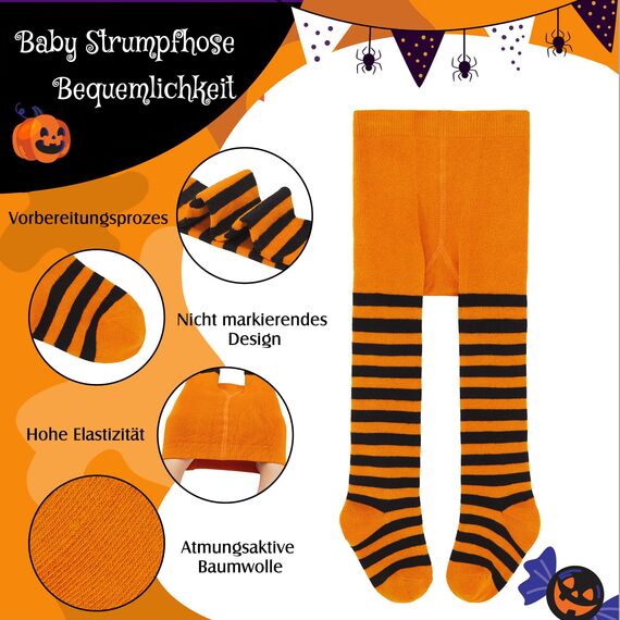 Durio Baby Strumpfhose für Mädchen Baumwolle Kinderstrumpfhose Kinder Strumpfhosen Set Warme Strümpfe Leggings Allerheiligen Orange und Schwarz Ringelstrumpfhose Kinder 6-9 Jahre