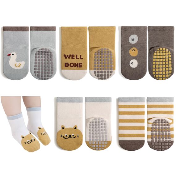 Exemaba Baby Antirutsch Socken 5 Paar Kleinkinder Tiermotive ABS Rutschfeste Sneaker Socken(Blau Ente,S/6-12M)