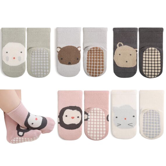 Exemaba Baby Antirutsch Socken 5 Paar Kleinkinder Tiermotive ABS Rutschfeste Sneaker Socken(Rosa Affe,M/1-3Y)