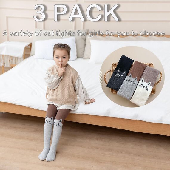 Silkglory Strumpfhose Mädchen,Strumpfhose Baby mit Zweifarbigem Kätzchen Niedliche Dekoration Vollfüßig,3 Stück Weiche Säuglings Leggings Warme Strümpfe für Neugeborene Grau/Schwarz/Weiß 7–9 Jahre