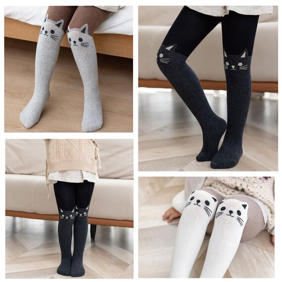 Silkglory Strumpfhose Mädchen,Strumpfhose Baby mit Zweifarbigem Kätzchen Niedliche Dekoration Vollfüßig,3 Stück Weiche Säuglings Leggings Warme Strümpfe für Neugeborene Grau/Schwarz/Weiß 7–9 Jahre
