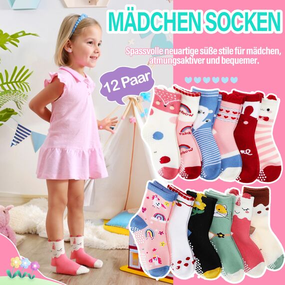 Welwoos Stoppersocken Kinder Baby Mädchen Lustige Socken Antirutschsocken Kinder Anti Rutsch Rutschfeste Geschenk Baumwolle Socken für Kinder Mädchen Kleinkind 12 Paare(Cartoon,22-24)
