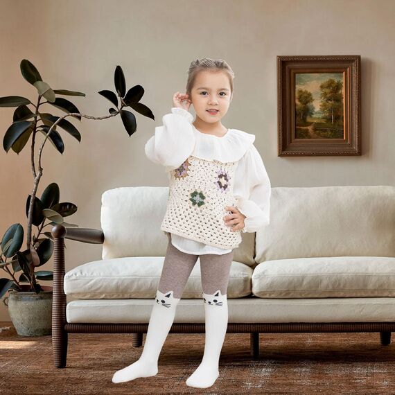 Silkglory Baby Strumpfhosen für Mädchen,Strumpfhosen für Mädchen mit Niedlicher Kätzchen Dekoration,Leggings Strümpfe Strumpfhosen für Neugeborene Kleinkinder Grau/Schwarz/Weiß 3–5 Jahre 3er-Pack