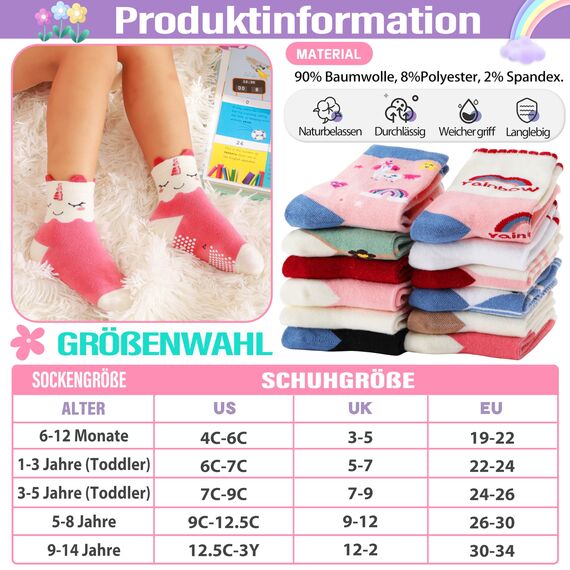 Welwoos Stoppersocken Kinder Baby Mädchen Lustige Socken Antirutschsocken Kinder Anti Rutsch Rutschfeste Geschenk Baumwolle Socken für Kinder Mädchen Kleinkind 12 Paare(Cartoon,22-24)