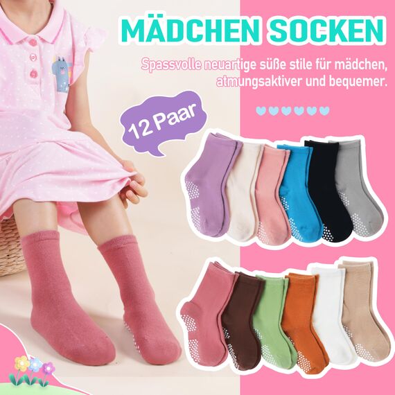 Welwoos Stoppersocken Kinder Baby Mädchen Lustige Socken Antirutschsocken Kinder Anti Rutsch Rutschfeste Geschenk Baumwolle Socken für Kinder Mädchen Kleinkind 12 Paare(Reine Farbe,30-34)
