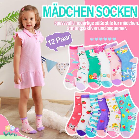 Welwoos Stoppersocken Kinder Baby Mädchen Lustige Socken Antirutschsocken Kinder Anti Rutsch Rutschfeste Geschenk Baumwolle Socken für Kinder Mädchen Kleinkind 12 Paare(Blume,19-22)