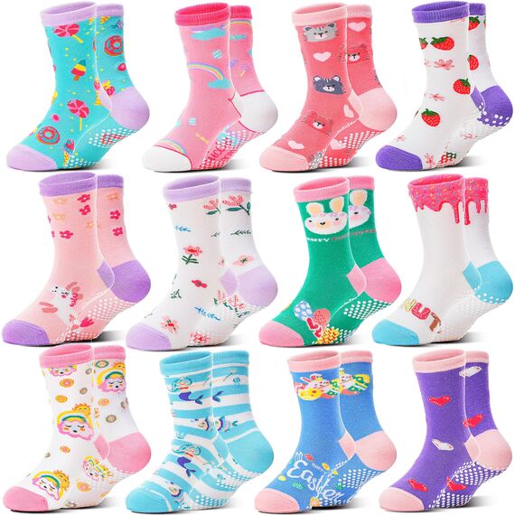 Welwoos Stoppersocken Kinder Baby Mädchen Lustige Socken Antirutschsocken Kinder Anti Rutsch Rutschfeste Geschenk Baumwolle Socken für Kinder Mädchen Kleinkind 12 Paare(Blume,19-22)