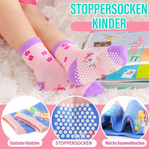 Welwoos Stoppersocken Kinder Baby Mädchen Lustige Socken Antirutschsocken Kinder Anti Rutsch Rutschfeste Geschenk Baumwolle Socken für Kinder Mädchen Kleinkind 12 Paare(Blume,19-22)