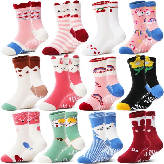 Welwoos Stoppersocken Kinder Baby Mädchen Lustige Socken Antirutschsocken Kinder Anti Rutsch Rutschfeste Geschenk Baumwolle Socken für Kinder Mädchen Kleinkind 12 Paare(Cartoon,24-26)