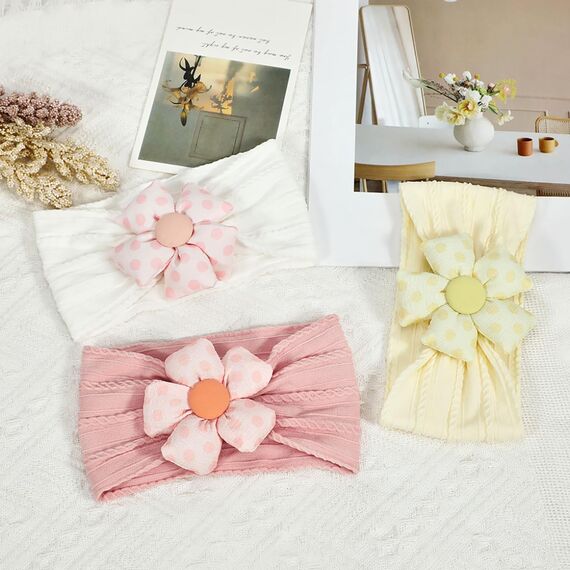 3 Stück Baby Blumen-Stirnband, Nylon-Baby-Stirnbänder, weiche Haarbänder, Zubehör für Neugeborene, Kleinkinder (Yellow Pink White)