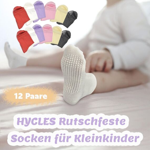 HYCLES ABS Socken für Kinder Baby Mädchen - 12 Paar Rutschfeste Antirutsch Stoppersocken für Kleinkind 0-10 Jahre