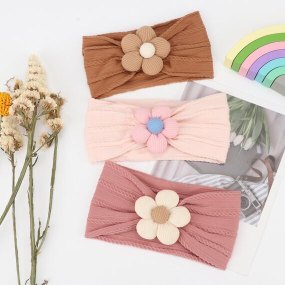DRESHOW Stirnband Baby Mädchen Dehnbare Nylon Stirnbänder Handgefertigte Blumen Haarband for Neugeborene Kleinkinder Kinder 3 Stück