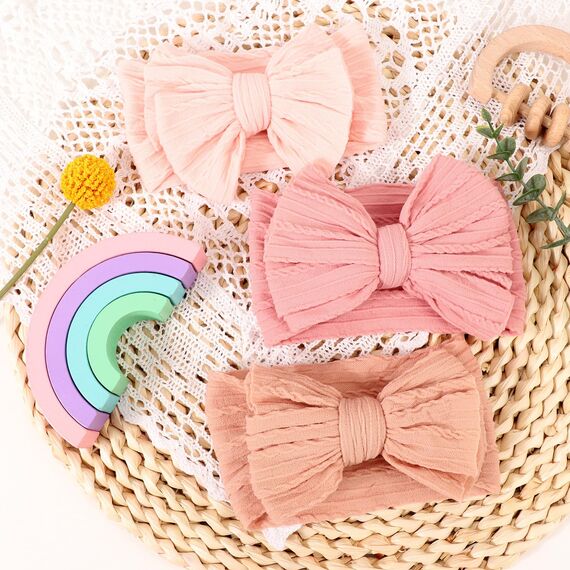 DRESHOW Stirnband Baby Mädchen Dehnbare Nylon Stirnbänder Handgefertigte Schleife Haarband for Neugeborene Kleinkinder Kinder 3 Stück