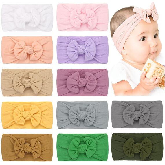 JOYOYO 12 Stück Baby Stirnbänder für Mädchen mit Haarschleifen - Weiche Nylon Stirnbänder für Neugeborene, Kleinkinder