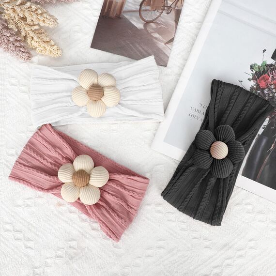 3 Stück Baby-Blumen-Stirnband, Nylon-Baby-Stirnbänder, weiche Haarbänder, Baby-Zubehör für Neugeborene, Kleinkinder (White Black Pink)
