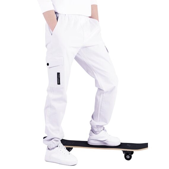 CAMLAKEE Cargohose Jungen Jogginghose Kinder Cargo Hosen Jungs Arbeitshose mit Elastischem Bund Wei?DE: 128-134 (Herstellergröße 130)
