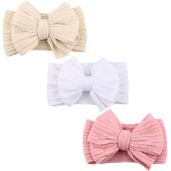 3 Stück Baby Turban Stirnband Baby Mädchen Nylon Stirnbänder Schleife Stirnband Weiche Schleife Kopfbedeckung Elastische Haarbänder für Neugeborene, Kleinkinder (Weiß Beige Rosa, eine Größe)