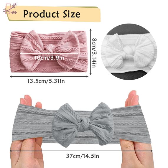 3 Stück Baby-Turban-Stirnband, Baby-Haarbänder, Schleifen für Mädchen, weiche Schleife, Kopfbedeckung, elastische Haarbänder für Kleinkinder, Neugeborene (Grau/Weiß/Rosa)
