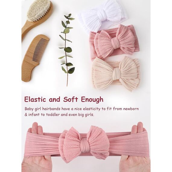 3 Stück Baby Turban Stirnband Baby Mädchen Nylon Stirnbänder Schleife Stirnband Weiche Schleife Kopfbedeckung Elastische Haarbänder für Neugeborene, Kleinkinder (Weiß Beige Rosa, eine Größe)