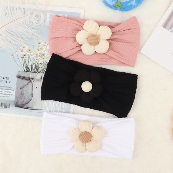 DRESHOW Stirnband Baby Mädchen Dehnbare Nylon Stirnbänder Handgefertigte Blumen Haarband for Neugeborene Kleinkinder Kinder 3 Stück