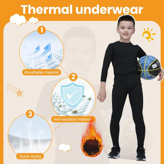 Leeboom Thermounterwäsche Kinder Fußball Thermohose Funktionswäsche Kinder Atmungsaktiv Skiunterwäsche Thermounterwäsche Sport Schnell Trockend Sportunterwäsche Fussball Unterwäsche