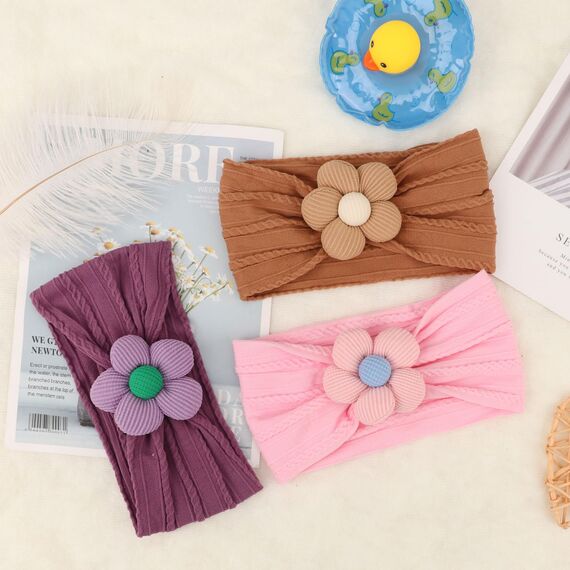 DRESHOW Stirnband Baby Mädchen Dehnbare Nylon Stirnbänder Handgefertigte Blumen Haarband for Neugeborene Kleinkinder Kinder 3 Stück