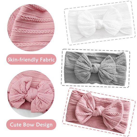3 Stück Baby-Turban-Stirnband, Baby-Haarbänder, Schleifen für Mädchen, weiche Schleife, Kopfbedeckung, elastische Haarbänder für Kleinkinder, Neugeborene (Grau/Weiß/Rosa)