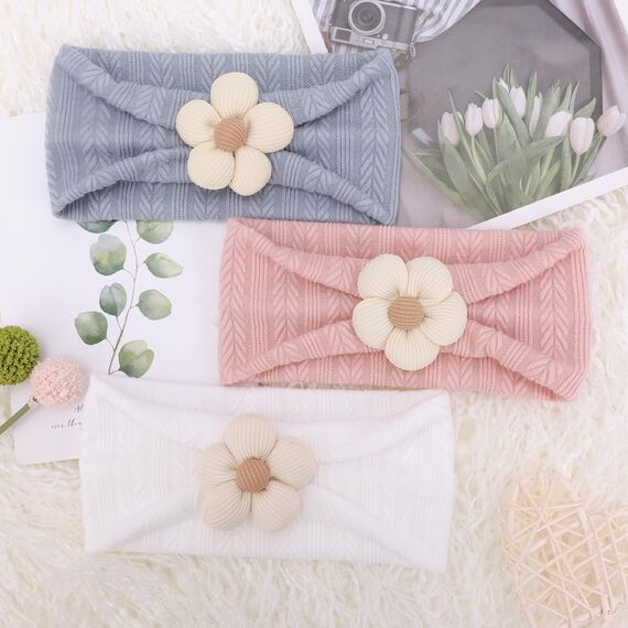 DRESHOW Stirnband Baby Mädchen Dehnbare Nylon Stirnbänder Handgefertigte Blumen Haarband for Neugeborene Kleinkinder Kinder 3 Stück