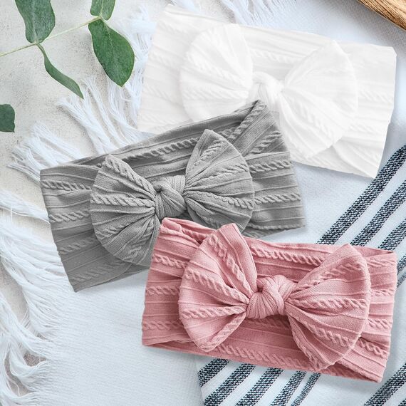 3 Stück Baby-Turban-Stirnband, Baby-Haarbänder, Schleifen für Mädchen, weiche Schleife, Kopfbedeckung, elastische Haarbänder für Kleinkinder, Neugeborene (Grau/Weiß/Rosa)