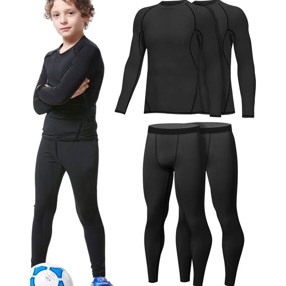 HOPLYNN 2er Pack Thermal Underwear Set für Kinder Funktionsunterwäsche Skiunterwäsche Jungen Atmungsaktiv Thermal Underwear Warme Fussball Ski Schwarz-XS