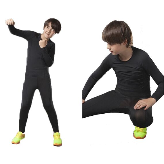 Echinodon Kinder Sportunterwäsche Fußball Kompressionsshirt + Kompressionshose Kompressionsunterwäsche Set Funktionsunterwaesche Set für Fitness Running Fußballtraining Radsport Schwarz 146/152