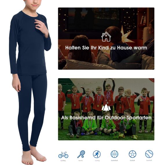 HOPLYNN - Thermal Underwear Set für Kinder Funktionsunterwäsche Skiunterwäsche Jungen Atmungsaktiv Thermal Underwear Warme Fussball Ski Blau M