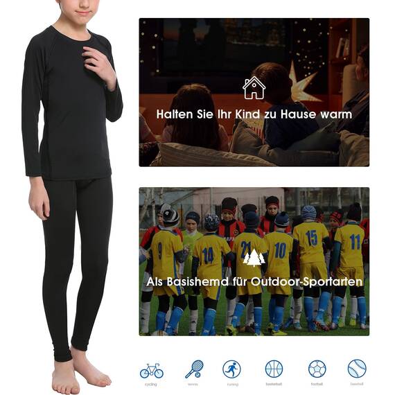 HOPLYNN - Thermal Athletic Set für Children Funktioneller Sportanzug Ski Thermal Set Jungen Atmungsaktive Thermal Athletic Football Ski mit Fleece Schwarz M
