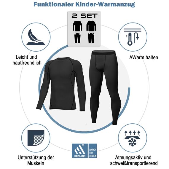 HOPLYNN 2er Pack Thermal Underwear Set für Kinder Funktionsunterwäsche Skiunterwäsche Jungen Atmungsaktiv Thermal Underwear Warme Fussball Ski Schwarz-XS