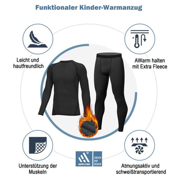 HOPLYNN - Thermal Athletic Set für Children Funktioneller Sportanzug Ski Thermal Set Jungen Atmungsaktive Thermal Athletic Football Ski mit Fleece Schwarz M
