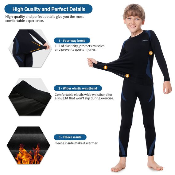 Thermounterwäsche Kinder, Funktionsunterwäsche Junge Skiunterwäsche Mädchen Winter atmungsaktiv Thermowäsche Set Warm Weich Funktionswäsche Thermo Unterwäsche Thermounterhemd für Kinder Blau S