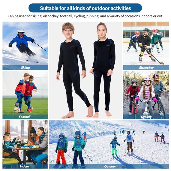 Thermounterwäsche Kinder, Funktionsunterwäsche Junge Skiunterwäsche Mädchen Winter atmungsaktiv Thermowäsche Set Warm Weich Funktionswäsche Thermo Unterwäsche Thermounterhemd für Kinder Blau S