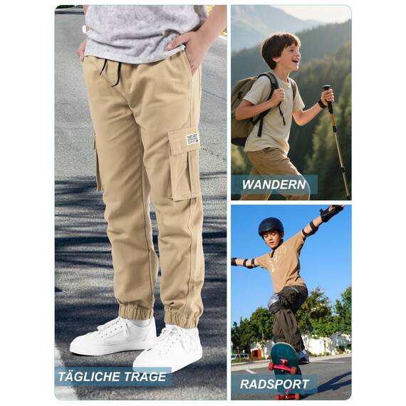 NATUST Jungen Cargohose Kinder Freizeithose Jogginghose Jungs Cargo Hose mit Elastischem Bund Khaki 128-134