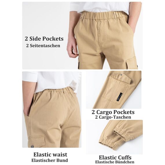 CAMLAKEE Cargohose Jungen Jogginghose Kinder Cargo Hosen Jungs Arbeitshose mit Elastischem Bund Beige DE: 140-146 (Herstellergröße 140)